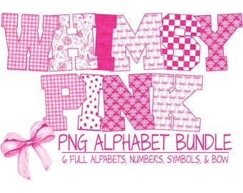 Conjunto de Alfabeto Pink Coquette em PNG – 7 Letras com Laços, Xadrez Vichy e Estampas Florais (Download Digital)