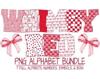Red Coquette Alphabet PNG Set – 7 Letter Bundles with Bows, Gingham & Floral Designs (Digital Download)