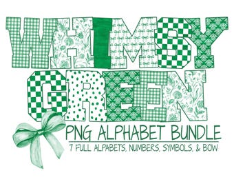 Grönt kokett alfabet PNG-set – 7 bokstavspaket med rosetter, rutor och blommönster (digital nedladdning)