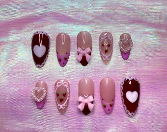 ongles Saint-Valentin/rose/ongles fraise/coquette/amour/romantique/ongles coeur/ongles noeud/cadeau/Saint-Valentin/personnalisé