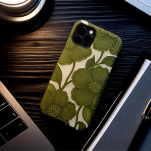 Olive Green Floral Phone Case, Vintage Botanical Engraving Style for iPhone & Samsung, Earthy Cottagecore Nature Gift for Her
