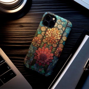 Beautiful Floral Phone Case,Pretty Faux Stained Glass Art iPhone & Samsung Cover,Vibrant Botanical Design for Garden Lovers, Aesthetic Gifts