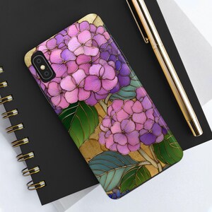 Rosa und Lila Hortensien Handyhülle, Glas inspirierte Blumenkunst für iPhone und Samsung, Elegantes Botanisches Garten Geschenk für Sie
