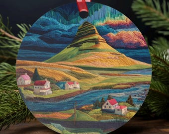 Embroidery-Style Iceland Ornament Featuring Kirkjufell Mountain Landscape