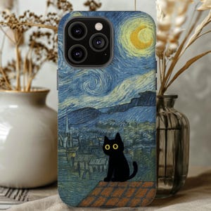 Van Gogh Starry Night Cat-hoesje, schattige cartoon kat telefoonhoesje iPhone 16 Pro Max 15 14 13 12 11 XS, Samsung S25 S24 A56 A55, Pixel 9 8