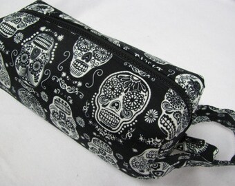 Dia De Los Muertos GLOW in the DARK Skull Fabric and Embroidery - Surprise Embroidery Inside Cosmetic Bag Makeup Bag LARGE