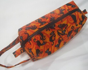 Orange and Black Spooky Halloween Cats embroidery inside Cosmetic Bag Makeup Bag LARGE