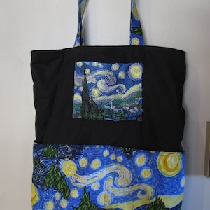 Van Gogh Starry Night Inspired Embroidered Eco Friendly Tote Bag, Shopping Bag, Grocery Bag