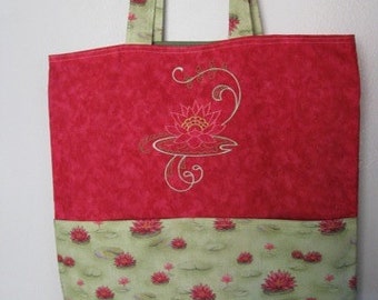 Damask Lotus Embroidered Eco Friendly Tote Bag, Shopping Bag, Grocery Bag