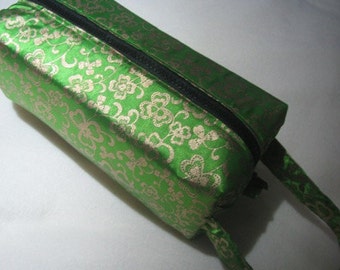 Shimmery Satin Silk Style Shamrock with Surprise Embroidery Inside Cosmetic Bag Makeup Bag LARGE