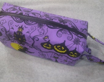 Purple Halloween Mansion with surprise embroidery inside - Cosmetic Bag Makeup Bag LARGE