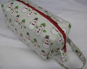 Glittery Snowman Fabric- Surprise embroidery Inside - Cosmetic Bag Makeup Bag LARGE