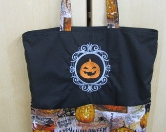 Halloween Cameo Embroidered Pumpkin Jack-o-Lantern Eco Tote Bag