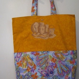 Beach Sand Castle Flip Flop Eco Friendly, Purse, Bag Embroidered on BOTH sides