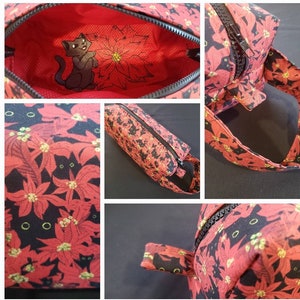 Christmas Poinsettia Cat bag surprise embroidery inside - Cosmetic Makeup Bag LARGE