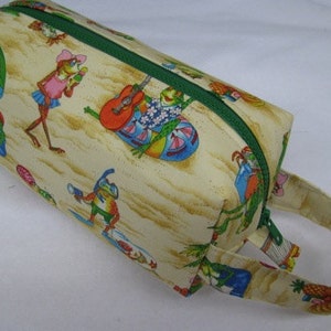 Frogs at the Beach Bag with surprise embroidery inside - Cosmetic Bag Makeup Bag LARGE