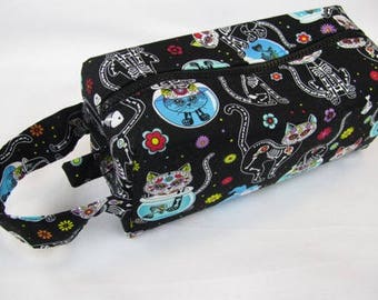 Dia de Los Muertos Colorful Skeleton Cats Halloween Cosmetic Bag Makeup Bag LARGE