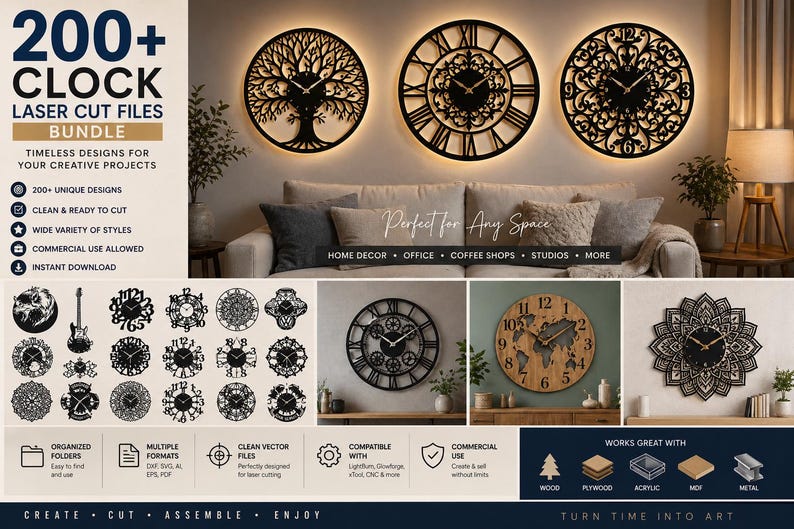 Along Clock Designs 200+ Clock Laser Cut Files Bundle |dxf SVG AI CNC Designs | Wall Clock ...