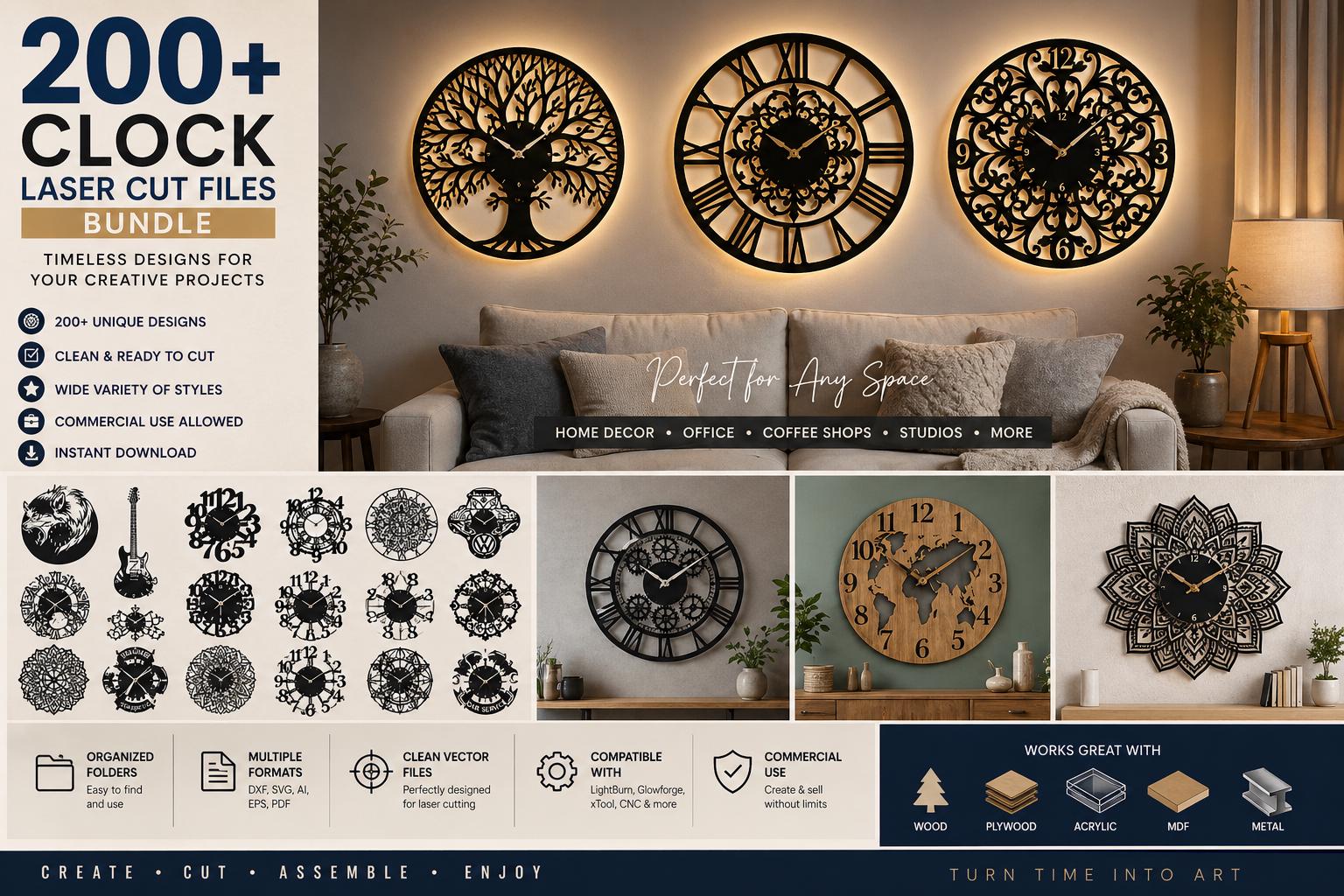 200+ Clock Laser Cut Files Bundle |dxf SVG AI CNC Designs | Wall Clock ...