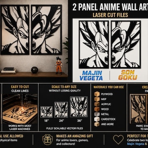 Peut inclure: Un produit numérique comprenant des fichiers de découpe laser pour une décoration murale anime en 2 panneaux représentant Majin Vegeta et Son Goku. L'image affiche les formats SVG, AI, DXF, PDF, CDR et des exemples de découpes sur divers matériaux.