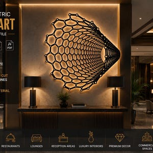 May include: A 3D geometric wall art laser cut file featuring a black honeycomb-patterned structure mounted on a wall with backlighting. The design includes text labels for file formats like CDR, SVG, DXF, and PDF, alongside icons for scalability and precision.