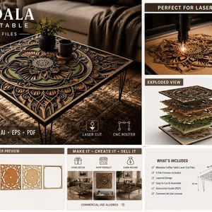Könnte beinhalten: Mandala Couchtisch Laser Cut Dateien. Der quadratische Tisch hat ein kompliziertes Mandala-Design mit dunkelbraunen und grünen Farbtönen. Der Tisch ist 35 cm hoch und 80 cm breit.