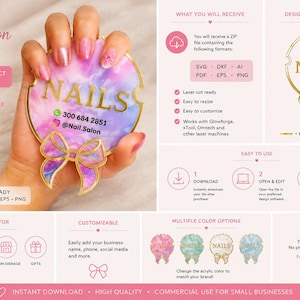 Puede incluir: Un archivo de corte láser digital para un letrero de salón de uñas de acrílico con un diseño circular y un lazo en la parte inferior. El texto dice NAILS, 300 684 2851 y @Nail.Salon. El diseño se muestra con un patrón de mármol rosa, morado y azul.