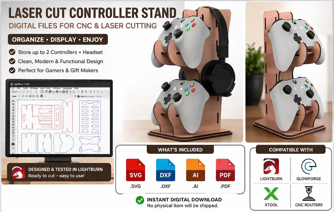 Cut Controller Screen Laser Cut Controller Stand SVG | Gaming Headset Holder CNC File | Xbox ...