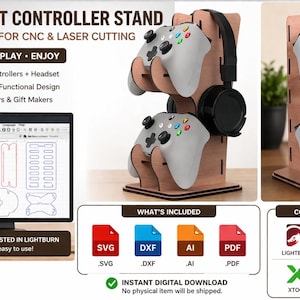 May include: A laser-cut wooden controller stand designed to hold two controllers and a headset. The stand has a clean, modern design and is compatible with Lightburn and Glowforge. The image also shows digital files for CNC and laser cutting.