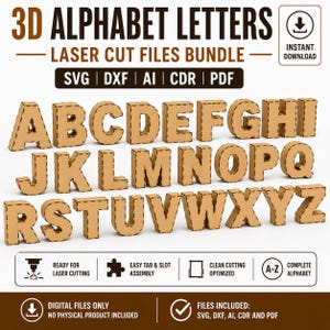 Puede incluir: Un paquete digital de letras del alfabeto en 3D para corte láser, que presenta el conjunto completo de la A a la Z en material tipo cartón. La imagen incluye el texto: 3D ALPHABET LETTERS, LASER CUT FILES BUNDLE, SVG, DXF, AI, CDR, PDF, INSTANT DOWNLOAD.