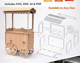 May include: A laser cutting template for a mobile wooden kiosk. The design includes SVG, DXF, AI, and PDF files. The kiosk features a roof, wheels, and doors. The template is scalable to any size and is compatible with Glowforge, LightBurn & More.