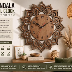 Può includere: Un orologio da parete mandala in legno tagliato al laser con un design floreale dettagliato. Il quadrante presenta numeri e lancette nere, con una lancetta dei secondi rossa. Il testo "MANDALA WALL CLOCK LASER CUT FILE" è incluso.