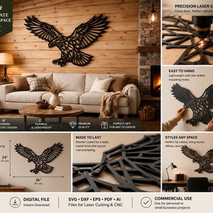 May include: A black metal eagle wall art piece with outstretched wings, 36 inches wide and 24 inches tall. The geometric design is laser cut and suitable for cabins, living rooms, and offices. The art is lightweight and easy to hang.