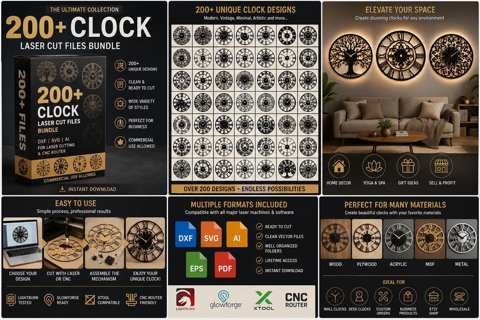 200+ Clock Laser Cut Files Bundle |dxf SVG AI CNC Designs | Wall Clock ...