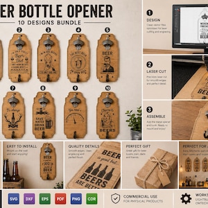 Puede incluir: Un conjunto de diez abridores de botellas de cerveza de madera con varios diseños grabados y abridores de metal. Cada abridor tiene una frase o imagen única, incluyendo "Weekend Forecast 100% Beer".
