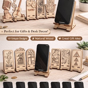 May include: Laser-cut wooden phone stands with unique designs, including a microphone, guitar, and theater masks. The stands hold smartphones and are perfect for desk decor. The image also shows a phone displaying the time.