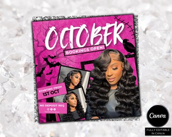 May include: A pink and black Halloween-themed promotional graphic with the word "OCTOBER" in large white letters. The graphic includes images of a woman with long, wavy hair, bats, and a raven. Text reads "BOOKINGS OPEN!" and "STARTING FROM 1ST OCT."
