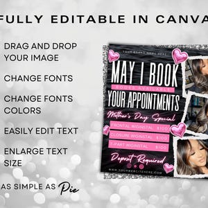 May include: A black and white graphic with pink hearts and the text "MAY I BOOK YOUR APPOINTMENTS" with the words "BOOKS AVAILABLE" and "Mother's Day Special" below. The graphic also includes a price list for different wig installations and the text "Deposit Required".