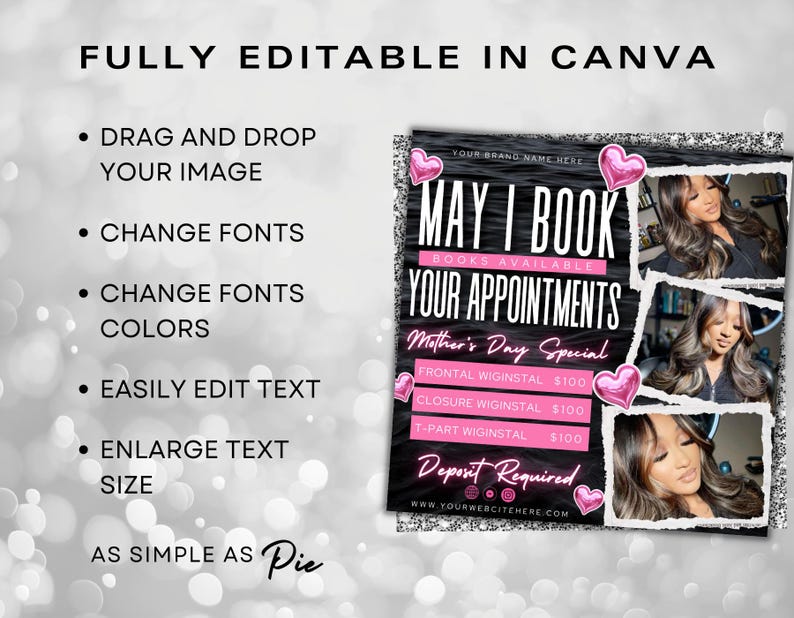May include: A black and white graphic with pink hearts and the text "MAY I BOOK YOUR APPOINTMENTS" with the words "BOOKS AVAILABLE" and "Mother's Day Special" below. The graphic also includes a price list for different wig installations and the text "Deposit Required".