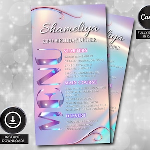 Holographic Birthday Dinner Menu Template, Editable Birthday Picture Menu,Event Menu Template, Birthday Dinner Table Menu, Canva Template