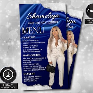Modèle de menu de dîner d'anniversaire bleu royal, menu d'image d'anniversaire modifiable, modèle de menu d'événement, menu de Table d'anniversaire, modèle de toile
