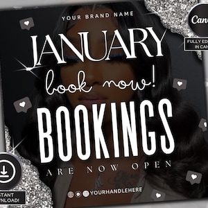 May include: Black and silver promotional graphic with the text "JANUARY book now! BOOKINGS ARE NOW OPEN". The image includes a woman's face and social media icons.