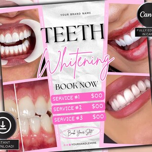 以下が含まれることがあります： ピンクと白のグラフィックで、「TEETH Whitening」と「BOOK NOW」のテキストが書かれています。グラフィックには、ホワイトニング前後の歯の画像と、3つの異なるサービスの価格表も含まれています。右上の隅には、「FULLY EDITABLE IN CANVA」のテキストがあります。