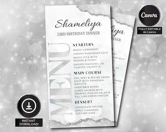 May include: Two elegant menu cards with a silver and white design. The menu is for a 23rd birthday dinner, with starters, main courses, and desserts listed. The text includes "Shameliya" and "Instant Download!"