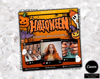 Folleto de reservas de Halloween, folleto de reservas de octubre, apertura de libros de octubre, folleto de peinados de Halloween, folleto de SZN espeluznante, folleto de peinados de octubre, diseño de uñas MUA