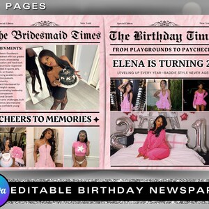 May include: A pink and white newspaper-style birthday card with the headline "The Birthday Times" and the text "Elena is turning 23." The card features photos of a young woman in various poses.