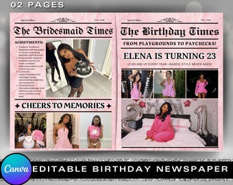 Pink Birthday Newspaper Canva Template, Birthday Newspaper Template, Birthday Program, Large Birthday Newspaper,Editable Newspaper Itinerary