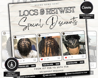 Puede incluir: Un folleto que anuncia servicios de locs y retwist con un descuento especial. El folleto presenta tres fotos de hombres con diferentes estilos de locs. El texto del folleto dice "LOCS & RETWIST Special Discounts" y "Del 1 de febrero al 20 de febrero Sin depósito requerido".