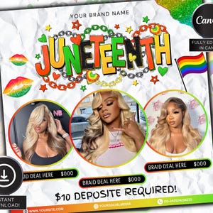 Puede incluir: Un folleto promocional con la palabra "Juneteenth" en texto colorido, con tres mujeres con cabello rubio en marcos circulares. El folleto incluye el texto "¡Descarga instantánea!" y "Totalmente editable en Canva."
