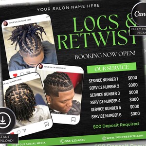 Locs and Styles flyer, Barbershop, Loc Retwist, Editable on canva, Hairstylist, dreadlocks, Retwist, Loctician, Locs special, Red, Book now